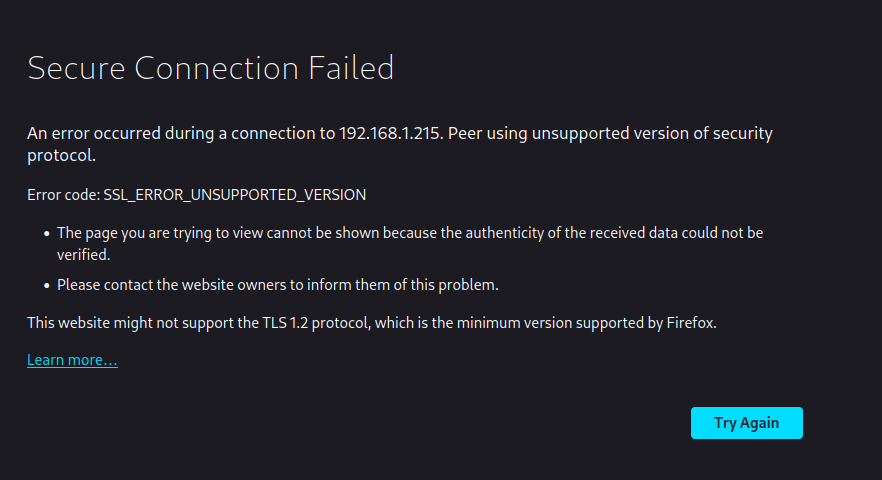 Firefox complaining about the site&rsquo;s use of TLS 1.0