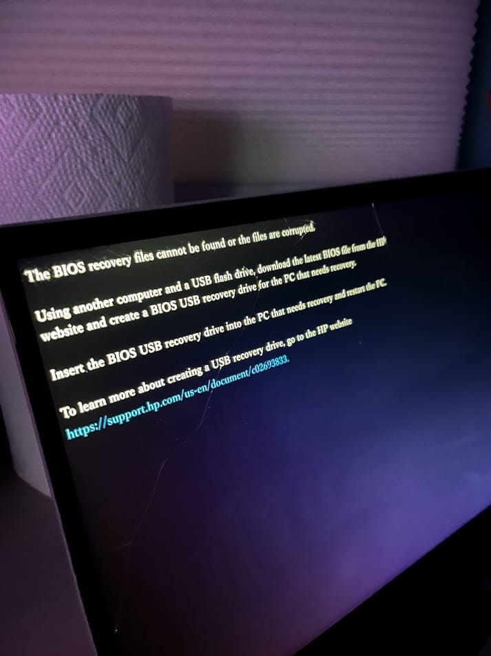 HP BIOS Recovery failure screen